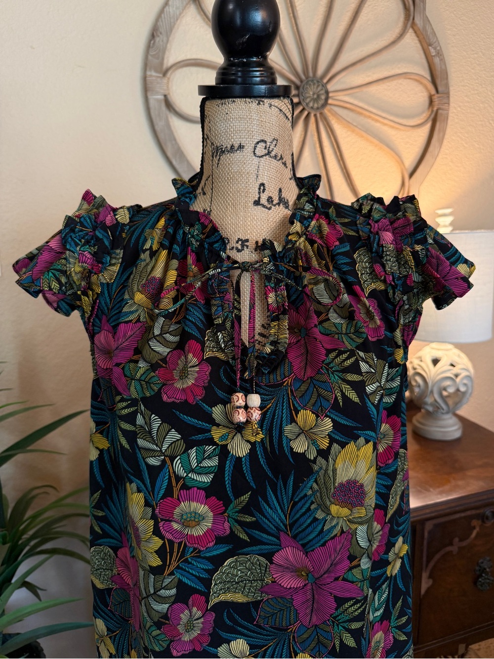 Rose & Olive Black Floral Tie-Front Ruffle-Sleeve Blouse